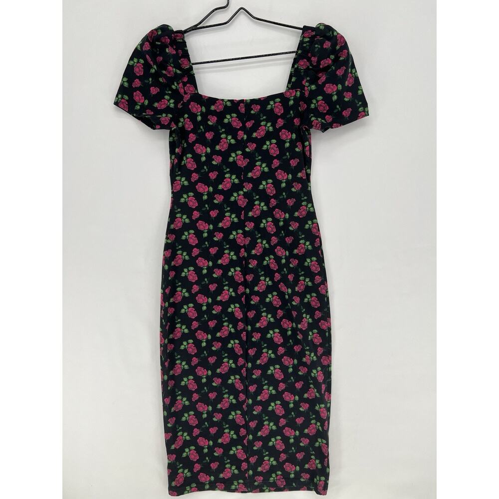Betsy Johnson Rose Print Bodycon Dress Small Black Pink Floral Puff Sleeve Midi - Picture 2 of 13